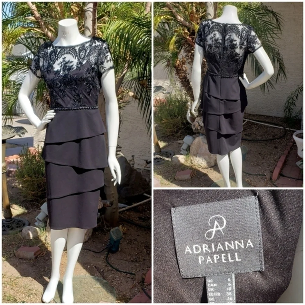 Adrianna Papell Short Sequin Layered Dress, Black" - Picture 2 of 3